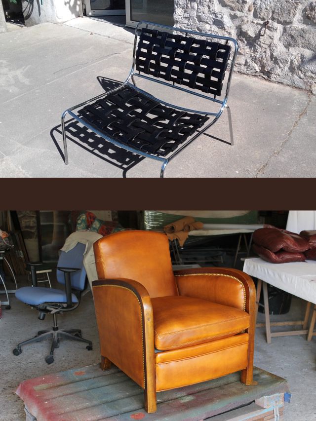 Fauteuil club et chaise cuir faits par un maître artisan en vendee
